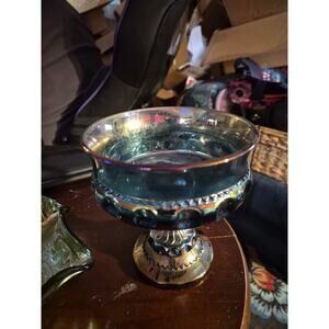 Vintage Indiana Blue Iridescent Carnival Glass Kings Crown Thumbprint Compote